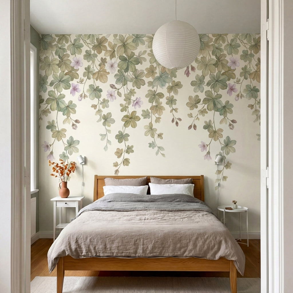 papier peint floral vert branches tombantes feuilles palmees fleurs lilas fond b-9
