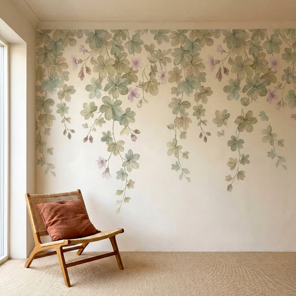 papier peint floral vert branches tombantes feuilles palmees fleurs lilas fond b-HERO-12