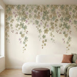 papier peint floral vert branches tombantes feuilles palmees fleurs lilas fond b-HERO-13