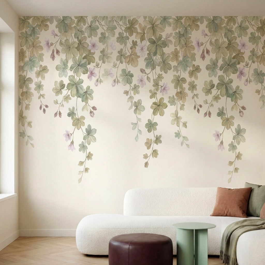 papier peint floral vert branches tombantes feuilles palmees fleurs lilas fond b-HERO-13