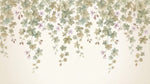 Papier peint panoramique floral vert - Branches tombantes feuilles palmées fleurs lilas fond beige crème sur mesure - Design
