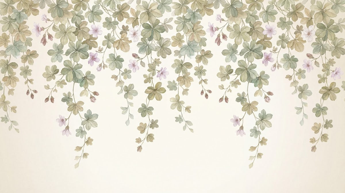 Papier peint panoramique floral vert - Branches tombantes feuilles palmées fleurs lilas fond beige crème sur mesure - Design