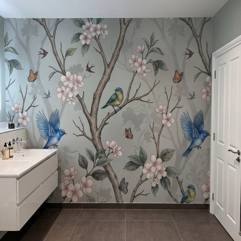 papier peint floral vintage branches cerisier oiseaux bleus papillons fleurs ros-10
