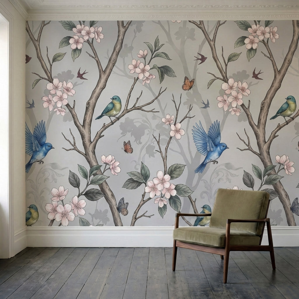 papier peint floral vintage branches cerisier oiseaux bleus papillons fleurs ros-2