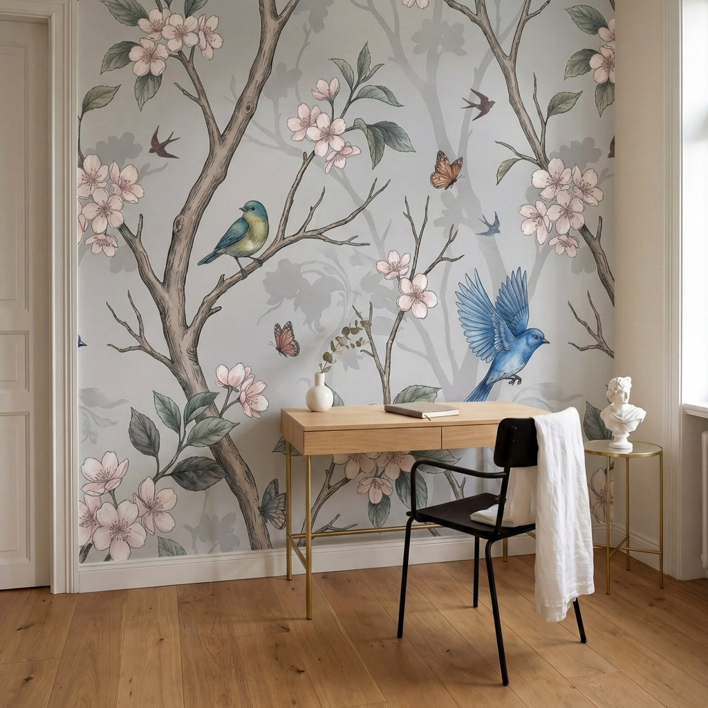 papier peint floral vintage branches cerisier oiseaux bleus papillons fleurs ros-9