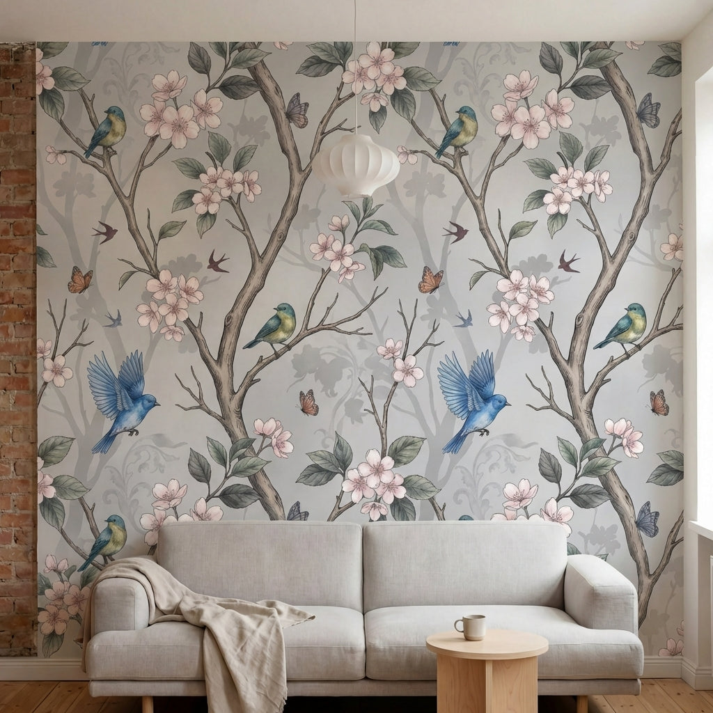 papier peint floral vintage branches cerisier oiseaux bleus papillons fleurs ros-HERO-6