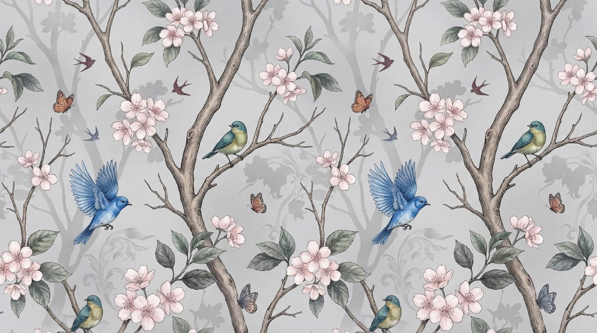 Papier peint panoramique floral vintage - Branches cerisier oiseaux bleus papillons fleurs roses fond gris perle sur mesure - Design
