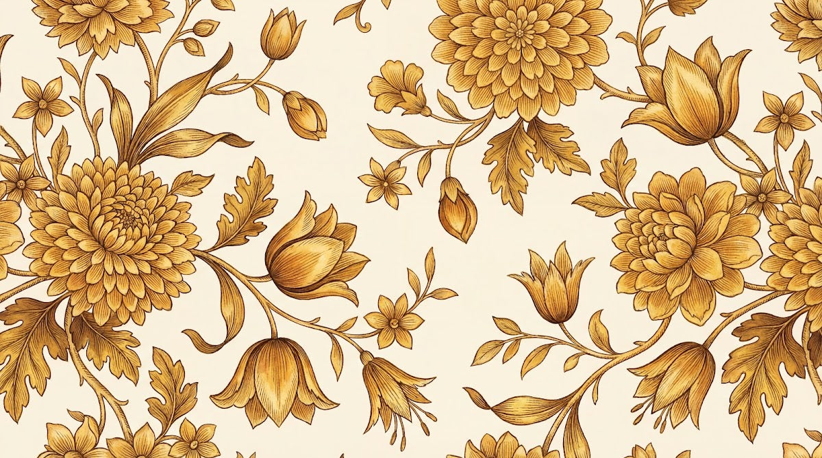 Papier peint panoramique floral vintage - Dahlias dorés chrysanthèmes ornementaux gravure botanique fond beige crème sur mesure - Design