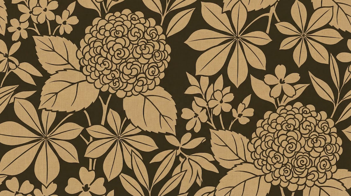 Papier peint panoramique floral vintage - Hortensias roses feuillage palmé détaillé fond brun chocolat et beige doré sur mesure - Design