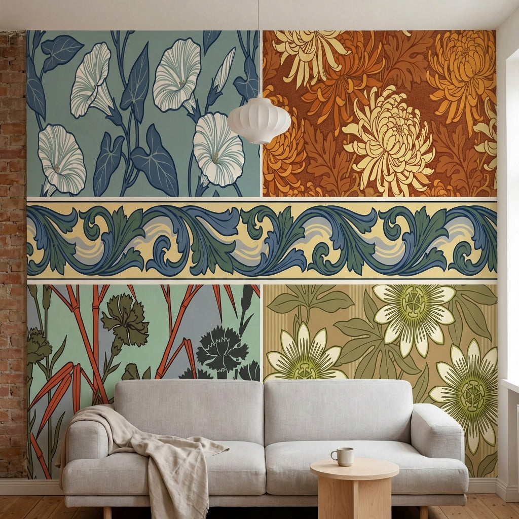 papier peint floral vintage motifs chrysanthemes morning glory fond orange terra-2