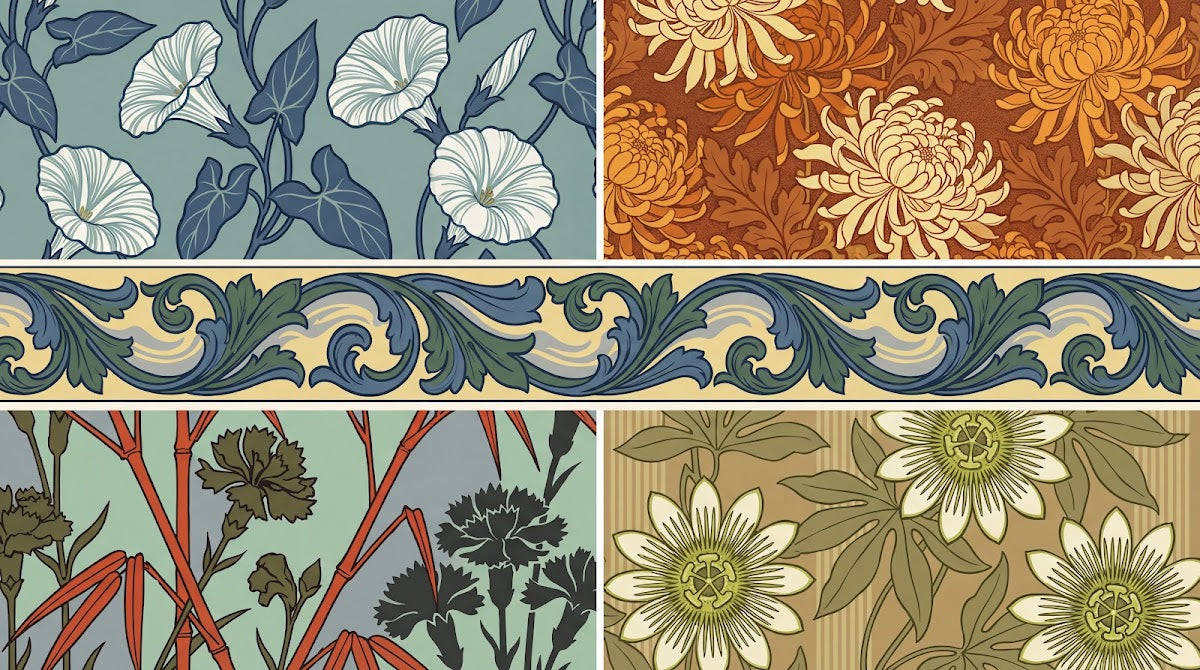 Papier peint panoramique floral vintage - Motifs chrysanthèmes morning glory fond orange terracotta et bleu sage sur mesure - Design