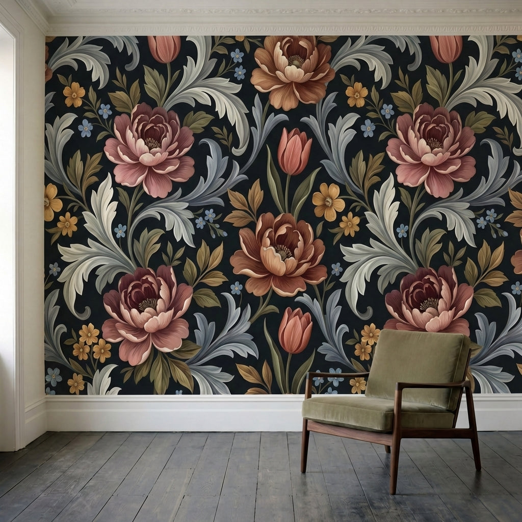 papier peint floral vintage pivoines roses tulipes ornements dores fond noir et -2