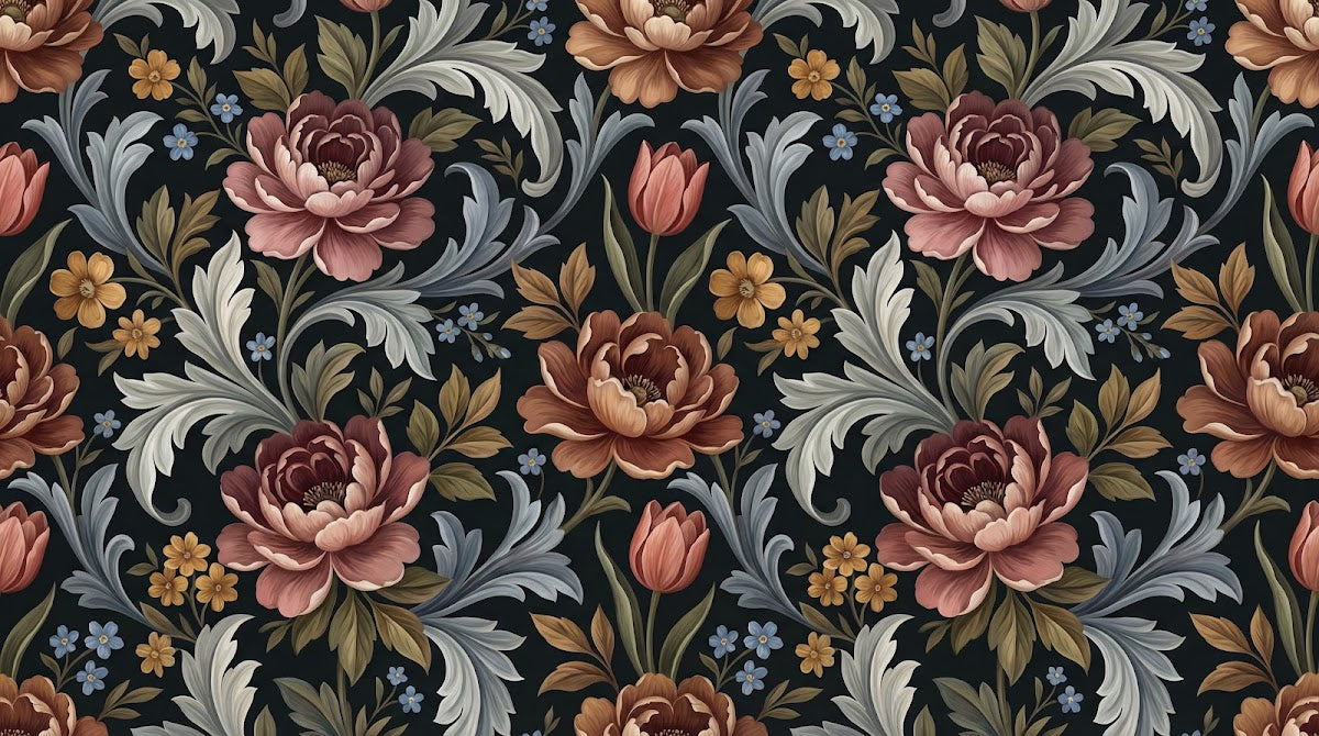 Papier peint panoramique floral vintage - Pivoines roses tulipes ornements dorés fond noir et gris sur mesure - Design