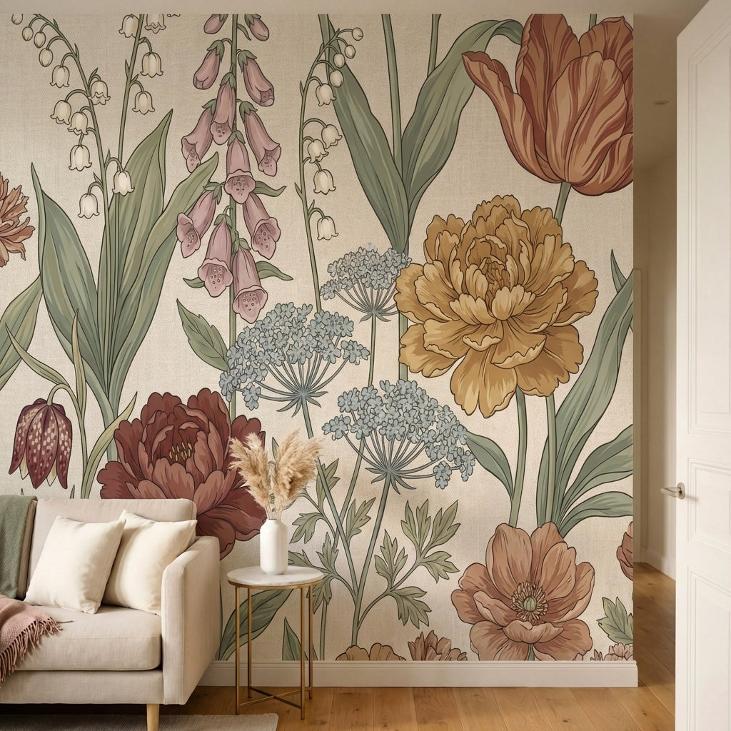 papier peint floral vintage pivoines tulipes muguet foxglove ombelliferes fond b-HERO-10