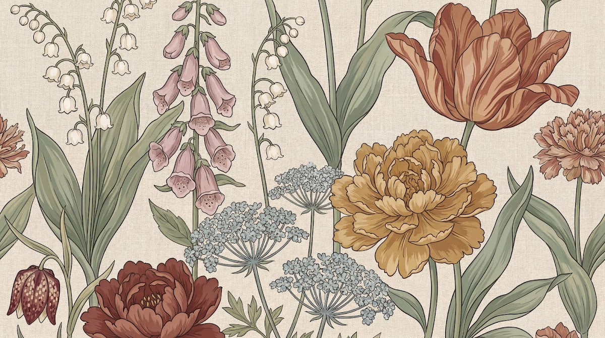 Papier peint panoramique floral vintage - Pivoines tulipes muguet foxglove ombellifères fond beige crème et tons pastel sur mesure - Design