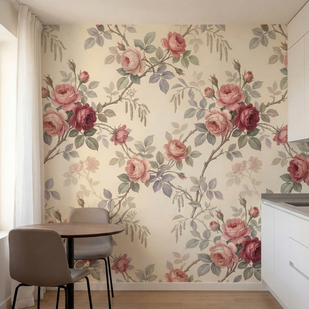 papier peint floral vintage roses anciennes branchages entrelaces tons rose poud-1