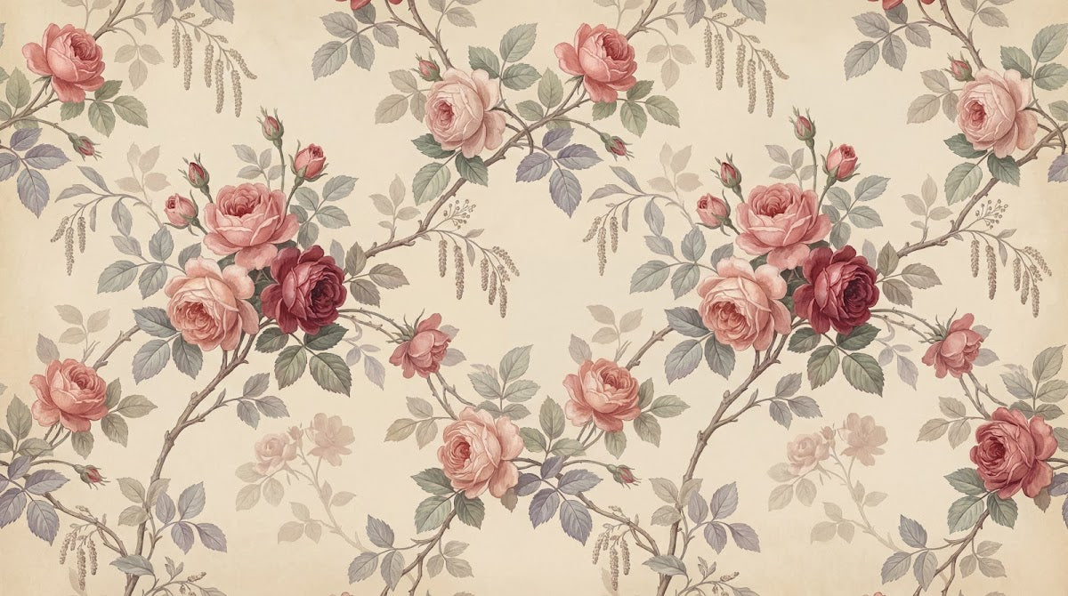 Papier peint panoramique floral vintage - Roses anciennes branchages entrelacés tons rose poudré et beige crème sur mesure - Design