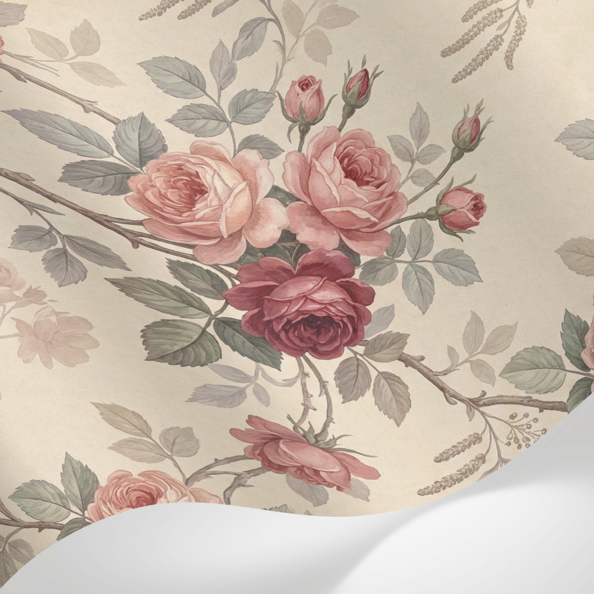 Papier peint panoramique floral vintage - Roses anciennes branchages entrelacés tons rose poudré et beige crème sur mesure - Matière