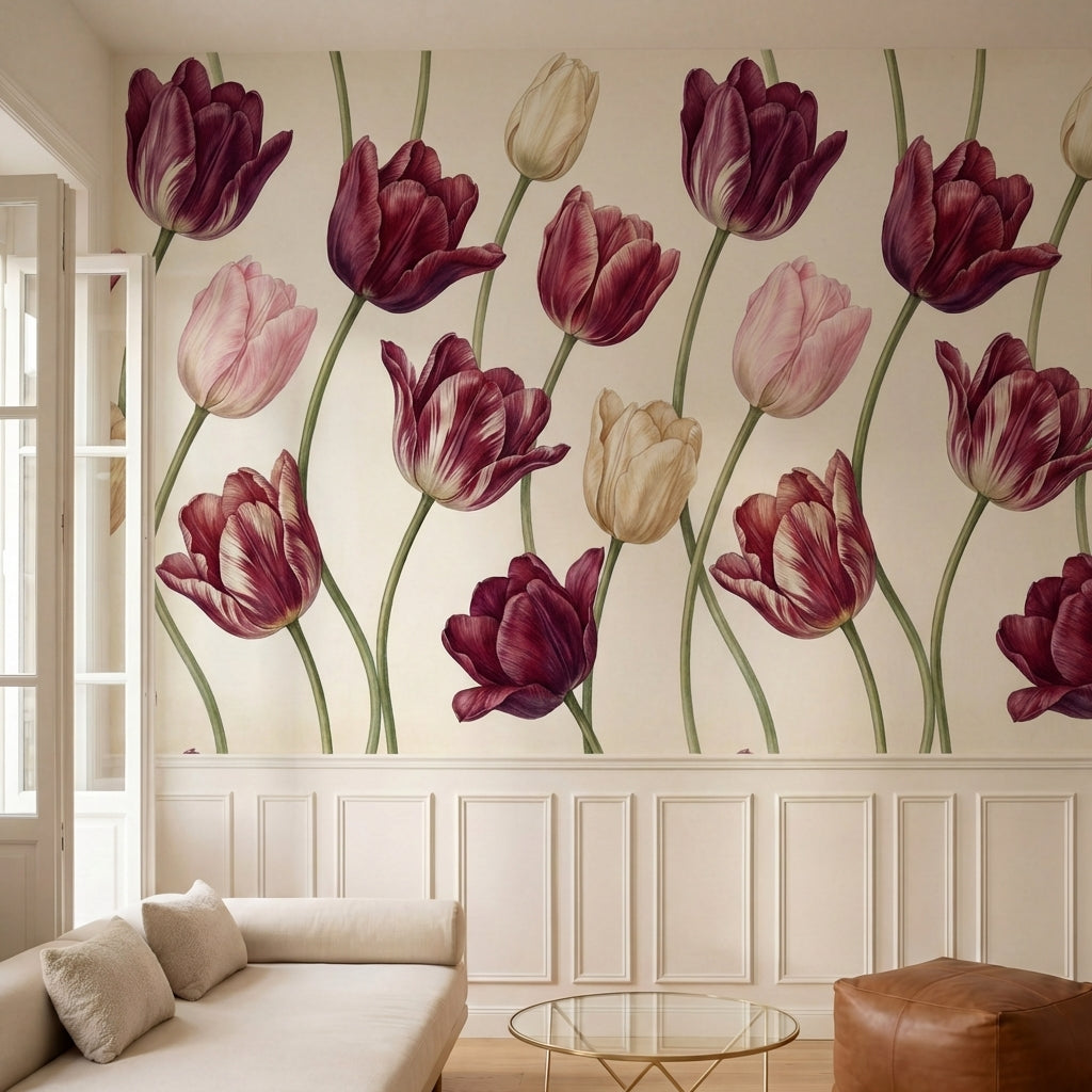 papier peint floral vintage tulipes bordeaux rose poudre et creme sur fond beige-3
