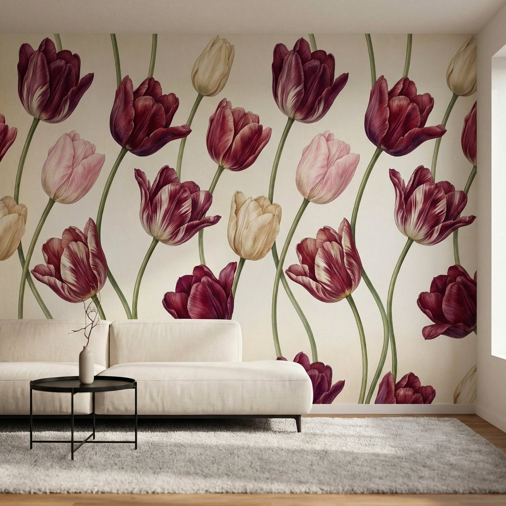 papier peint floral vintage tulipes bordeaux rose poudre et creme sur fond beige-4