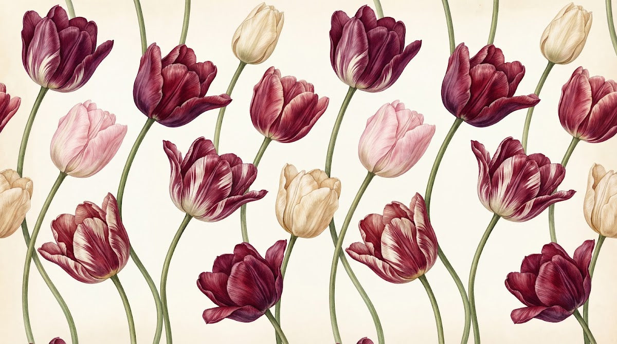Papier peint panoramique floral vintage - Tulipes bordeaux rose poudré et crème sur fond beige rosé sur mesure - Design