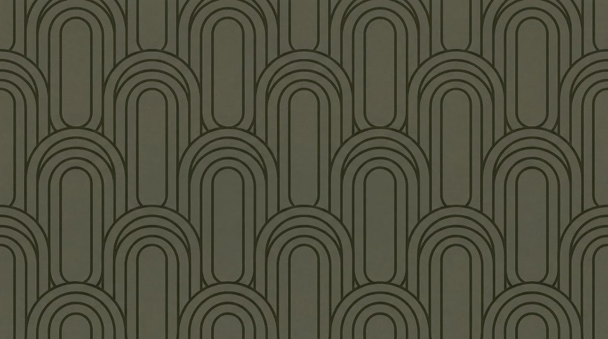 Papier peint panoramique geometrique - Arches entrelacées concentriques motifs répétitifs fond vert olive sur mesure - Design