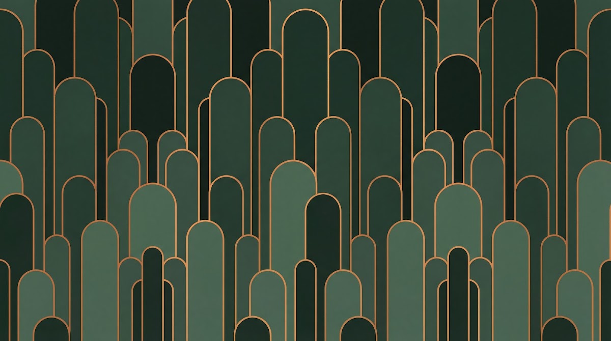 Papier peint panoramique géométrique - Arches superposées dégradé vert émeraude sapin et contours dorés sur mesure - Design