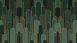 Papier peint panoramique géométrique - Arches superposées dégradé vert émeraude sapin et contours dorés sur mesure - Design