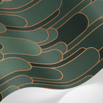 Papier peint panoramique géométrique - Arches superposées dégradé vert émeraude sapin et contours dorés sur mesure - Matière