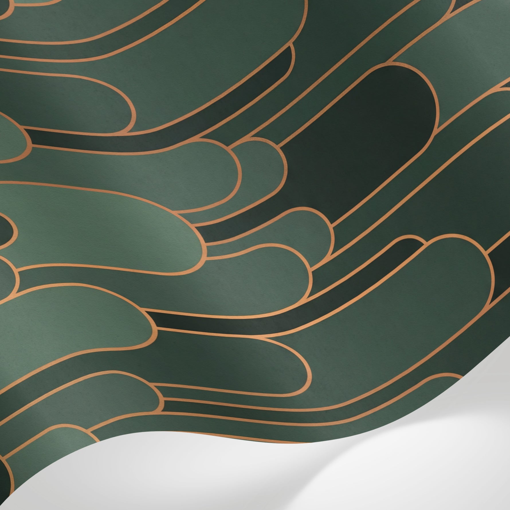 Papier peint panoramique géométrique - Arches superposées dégradé vert émeraude sapin et contours dorés sur mesure - Matière