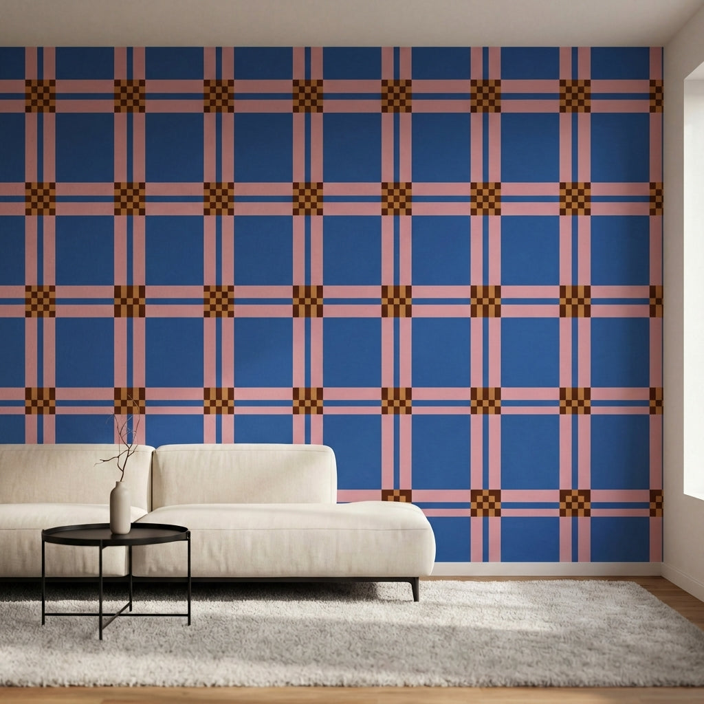 papier peint geometrique bleu carreaux ecossais rose et motifs damier marron-3
