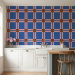 papier peint geometrique bleu carreaux ecossais rose et motifs damier marron-4
