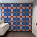 papier peint geometrique bleu carreaux ecossais rose et motifs damier marron-8