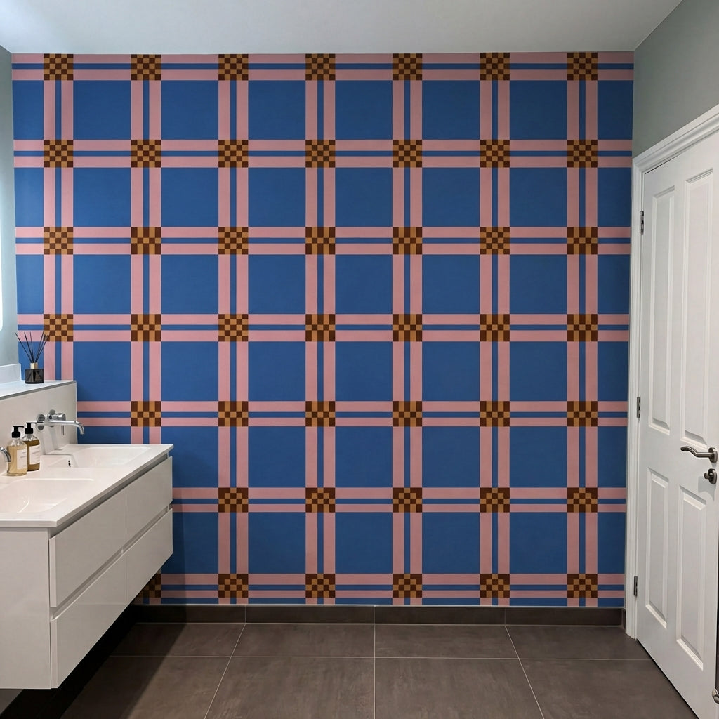 papier peint geometrique bleu carreaux ecossais rose et motifs damier marron-8