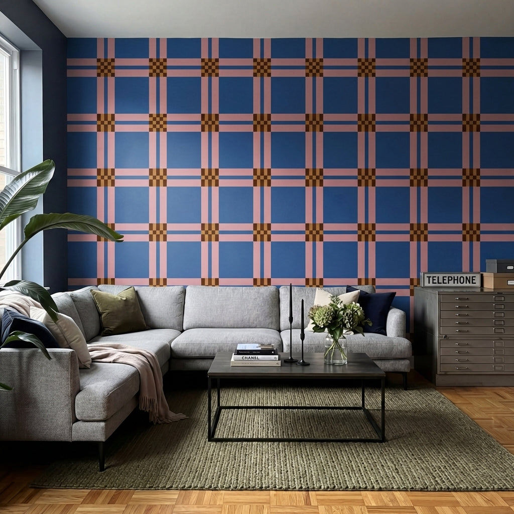papier peint geometrique bleu carreaux ecossais rose et motifs damier marron-9