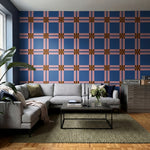 papier peint geometrique bleu carreaux ecossais rose et motifs damier marron-9