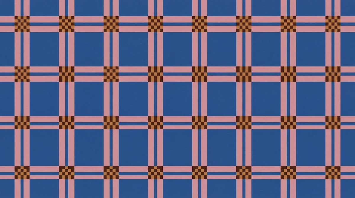 Papier peint panoramique géométrique bleu - Carreaux écossais rose et motifs damier marron sur mesure - Design