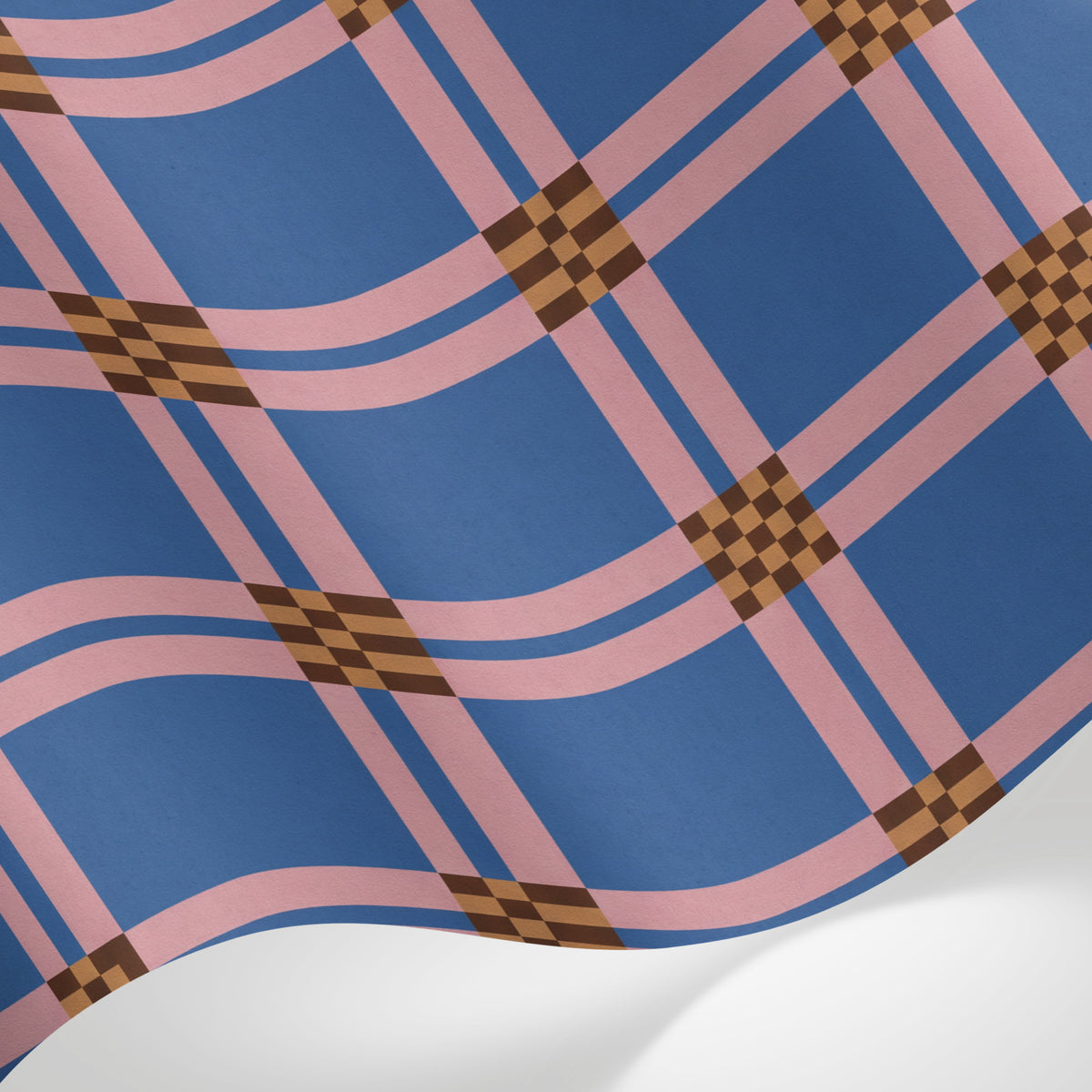 Papier peint panoramique géométrique bleu - Carreaux écossais rose et motifs damier marron sur mesure - Matière