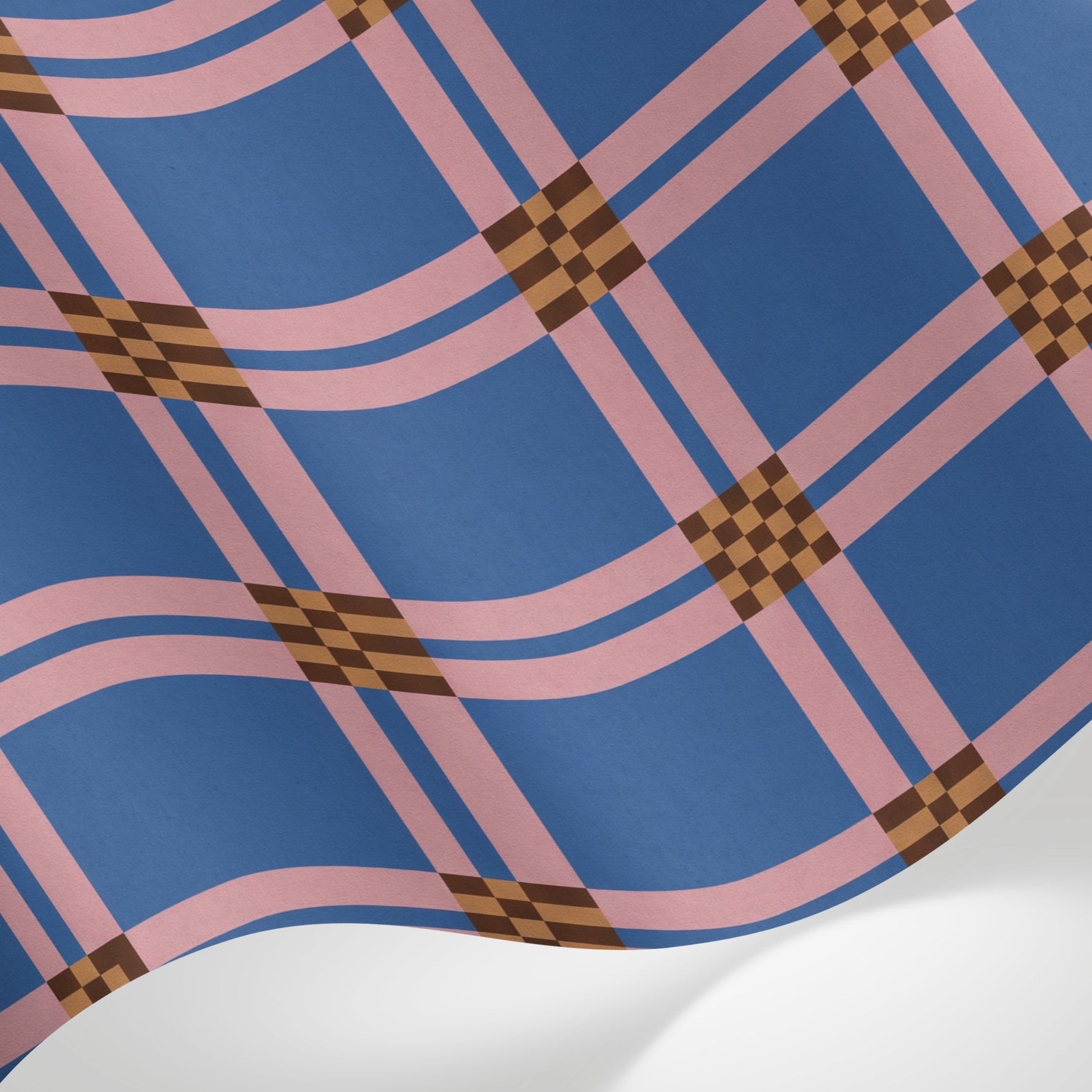 Papier peint panoramique géométrique bleu - Carreaux écossais rose et motifs damier marron sur mesure - Matière