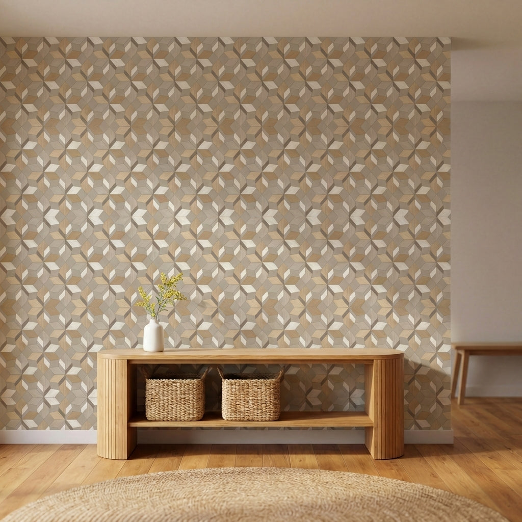 papier peint geometrique cubes 3d et formes hexagonales bois naturel et beige ta-HERO-1