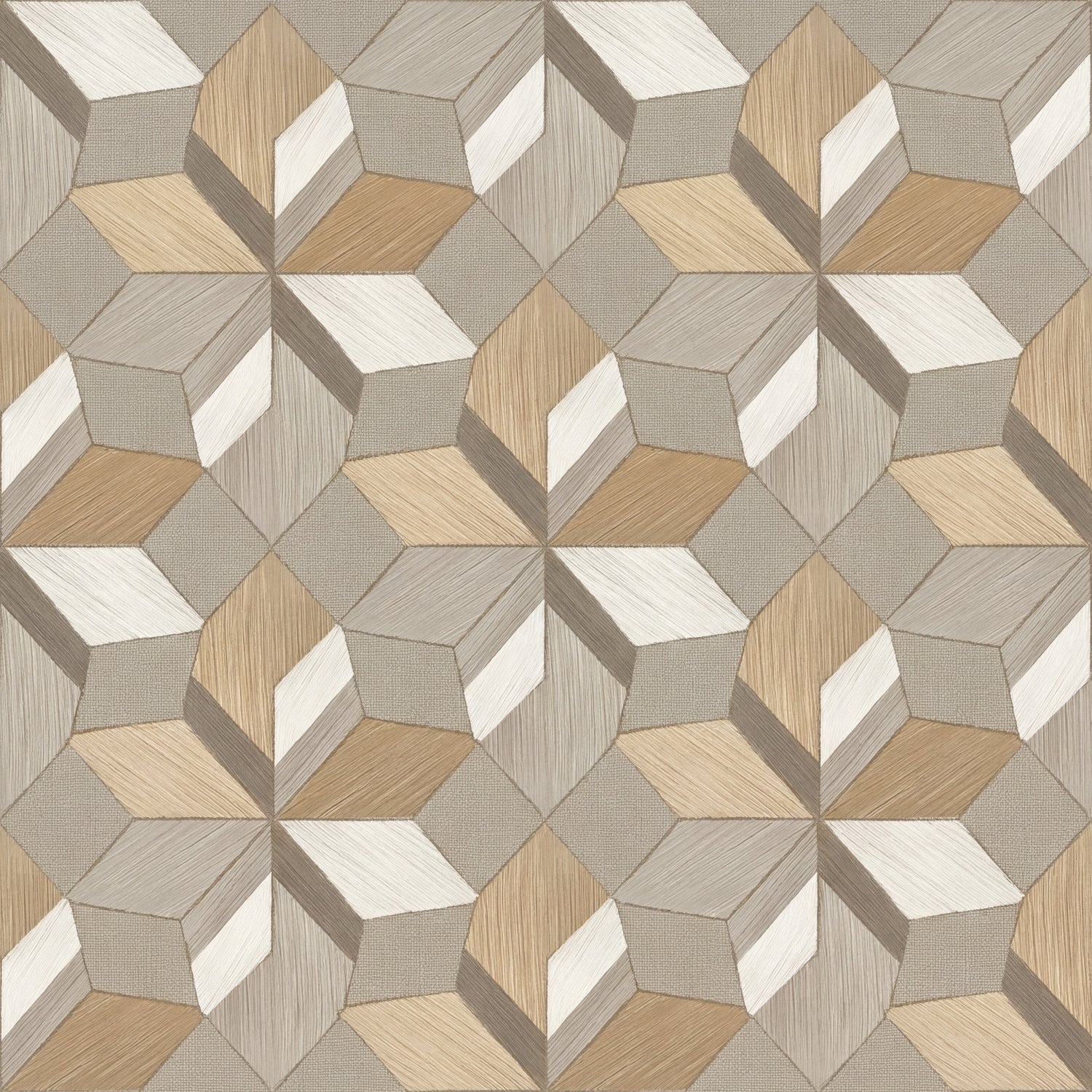 Papier peint motif géométrique - Cubes 3d et formes hexagonales bois naturel et beige taupe - Design