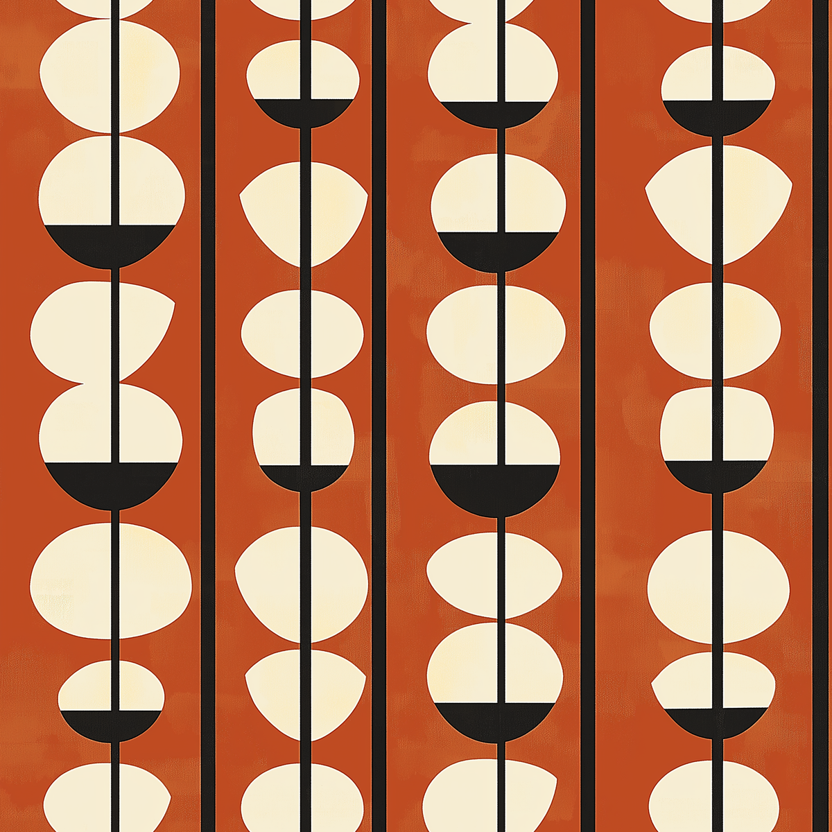 Papier peint motif géométrique - Demi-cercles et ovales sur tiges orange terracotta noir et crème - Design