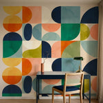 papier peint geometrique formes arrondies superposees tons bleu nuit vert emerau-1