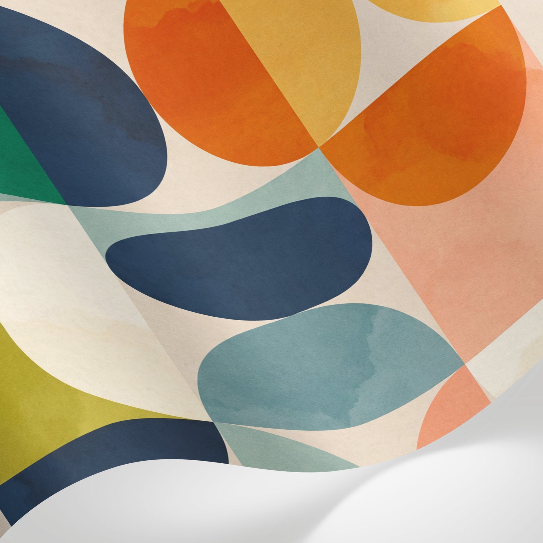 Papier peint panoramique géométrique - Formes arrondies superposées tons bleu nuit vert émeraude orange et beige sur mesure - Matière