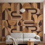 papier peint geometrique formes organiques ondulantes tons bois clair et brun ch-1