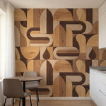 papier peint geometrique formes organiques ondulantes tons bois clair et brun ch-2