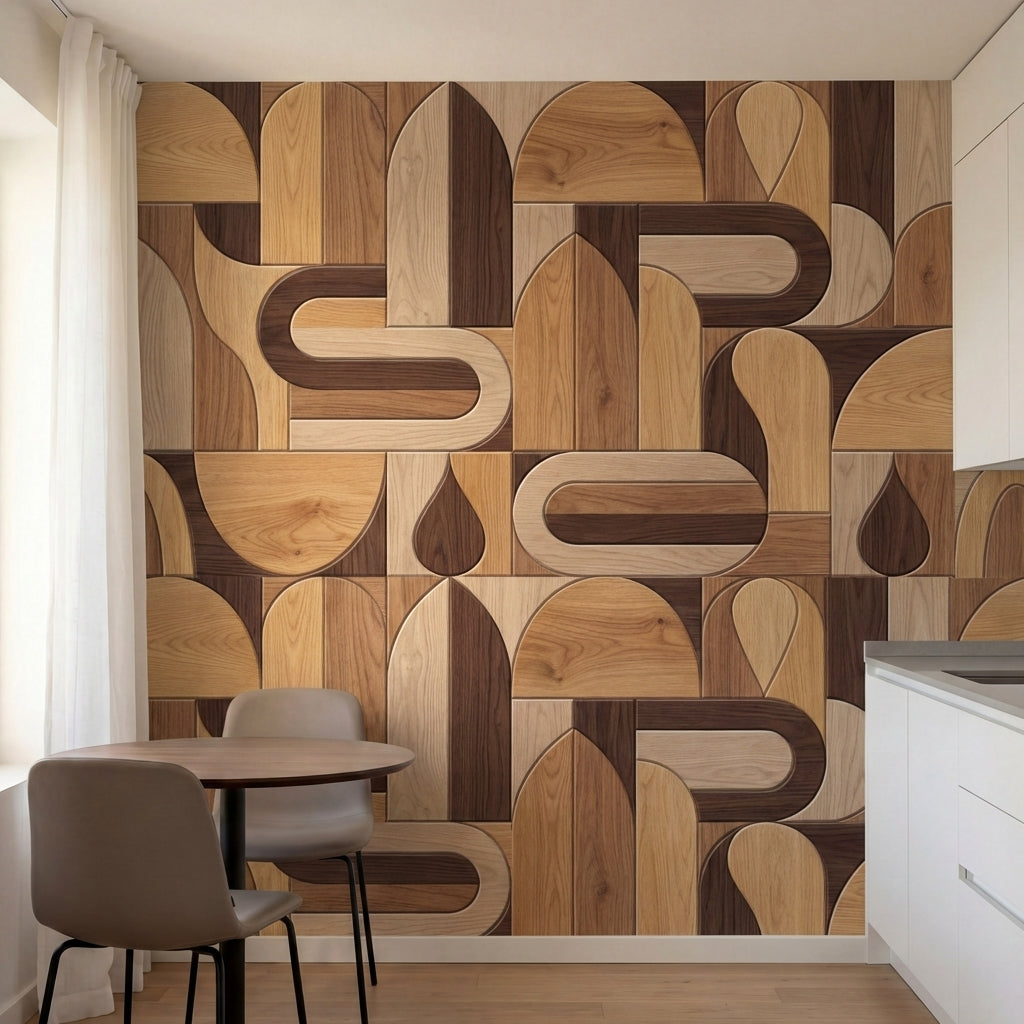 papier peint geometrique formes organiques ondulantes tons bois clair et brun ch-2