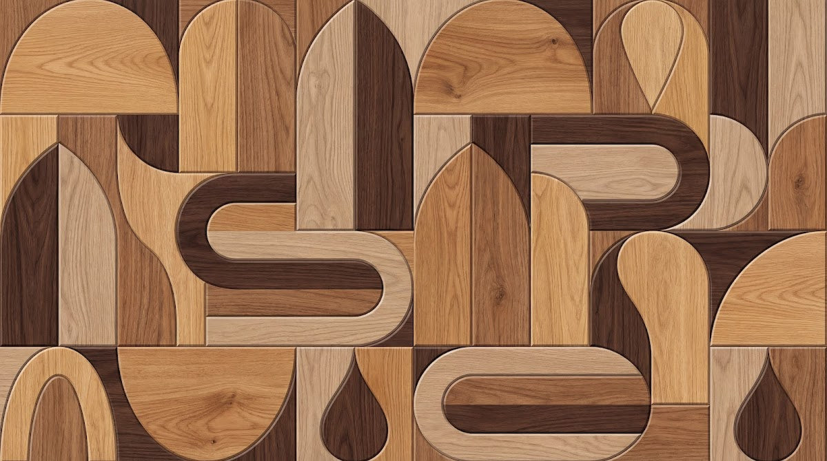 Papier peint panoramique geometrique - Formes organiques ondulantes tons bois clair et brun chocolat sur mesure - Design