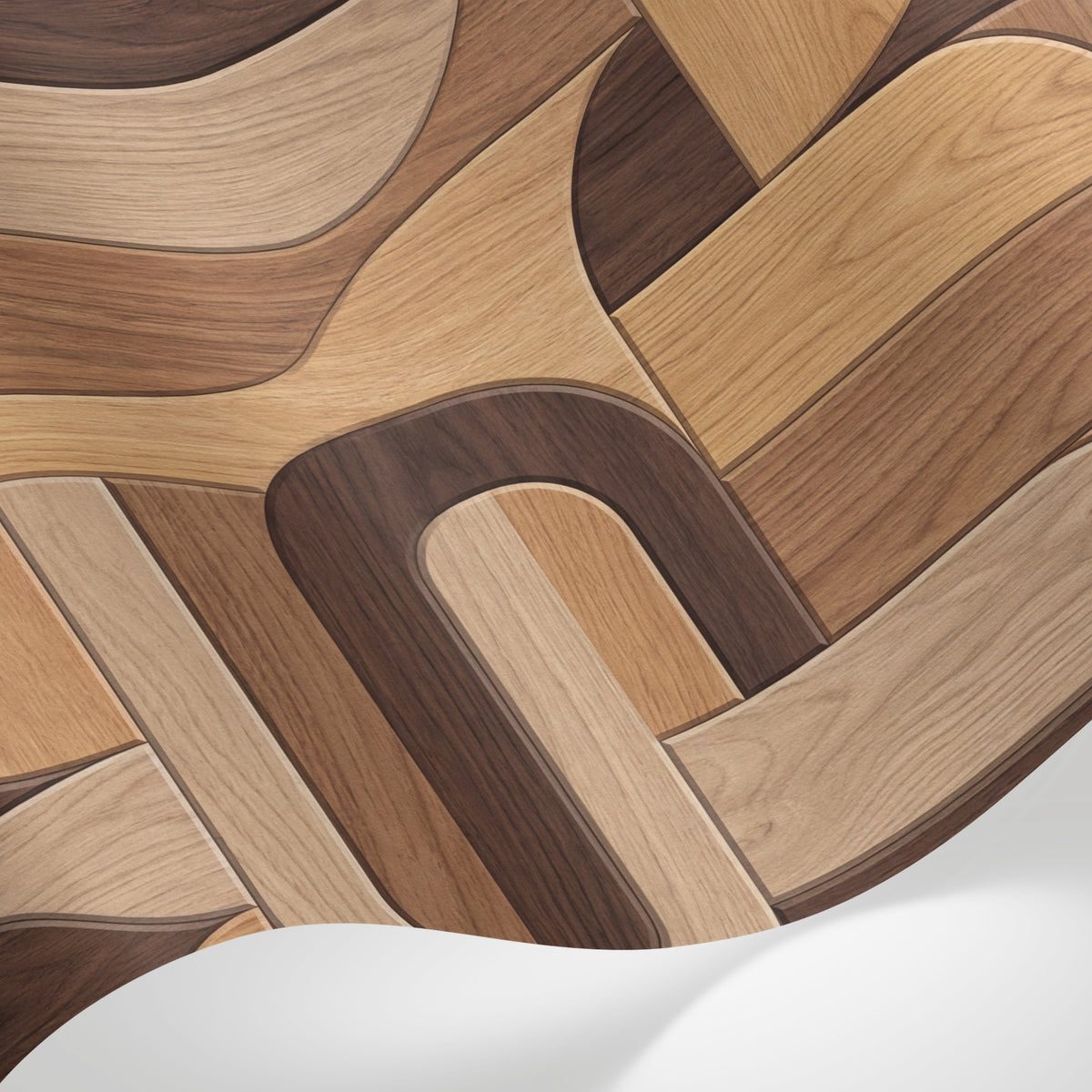 Papier peint panoramique geometrique - Formes organiques ondulantes tons bois clair et brun chocolat sur mesure - Matière