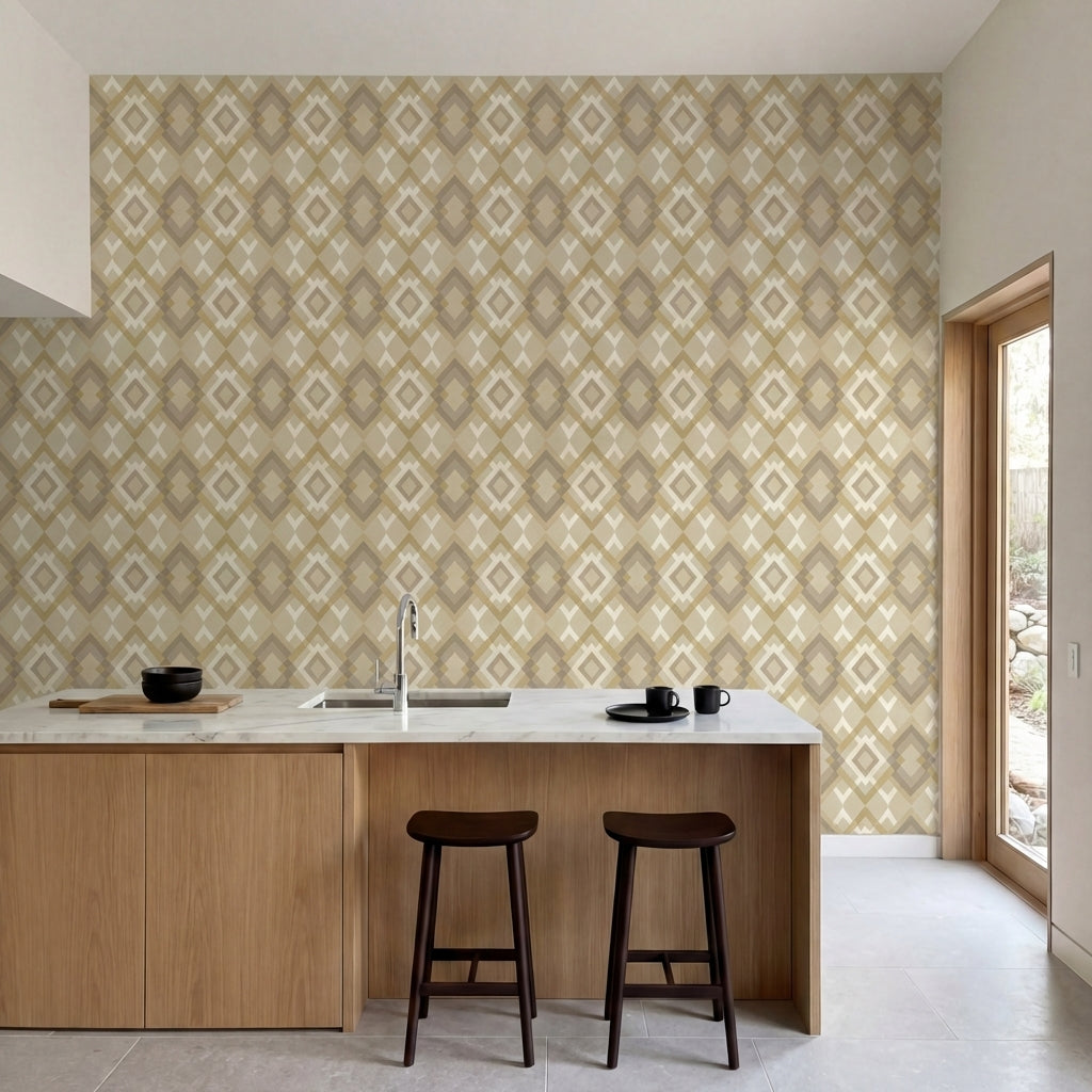 papier peint geometrique losanges entrelaces et motifs azteques beige taupe et b-HERO-1